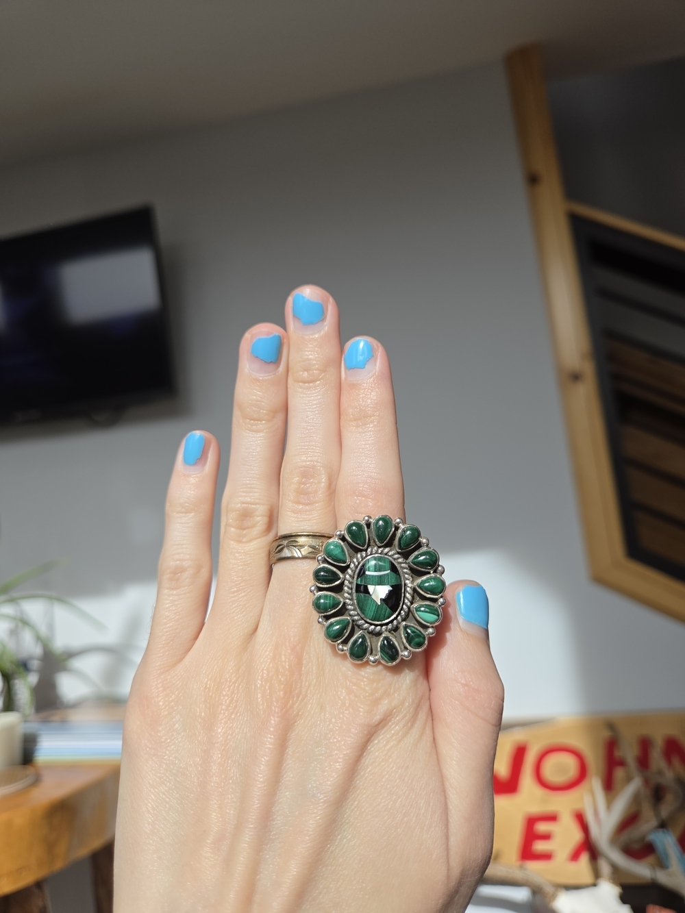Malachite Cluster Sterling Silver Cameo Ring